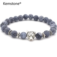 Kemstone Individuality 8MM Black Weathered Agate Alloy Leopard Beaded Bracelet for Men