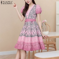 ZANZEA ชุดเดรสแขนพองสั้นสำหรับผู้หญิงชุดเดรสชุดเดรสคอวียาวถึงเข่าพิมพ์ลายชาติพันธุ์ผูกโบว์ #0901