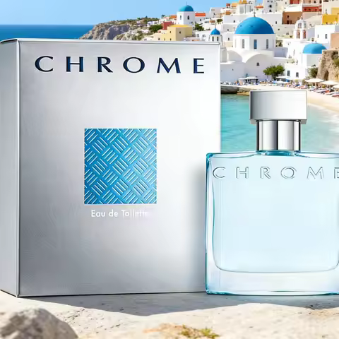 Azzaro Chrome Eau de Toilette | Sleek blue glass bottle, fresh aquatic fougere notes, clean masculin