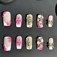 10pcs Long Nails Y2K French Style & Versatile 3d Pearl Flower Powder And Shiny Gold Metal Ornaments 