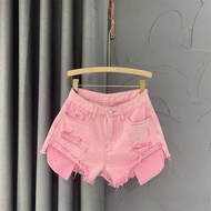 กางเกงขาสั้นผ้ายีนส์เอวสูงสีชมพู ทรงเอ ทรงหลวม สำหรับผู้หญิง กางเกงขายาวทรงขากว้าง ฤดูร้อน 2024 แบรน