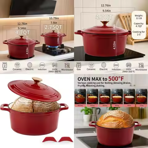 Red 4.7QT Enamel Dutch Oven with Lid, Round Casserole for Baking, Roasting, Braising, and Stews, Hea