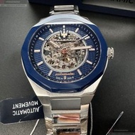 MASERATI手錶,編號R8823142004,46mm寶藍十邊形陶瓷錶殼,寶藍色, 雙面機械鏤空鏤空, 中三針顯示錶面,銀色精鋼錶帶款,稀有陶瓷圈款式