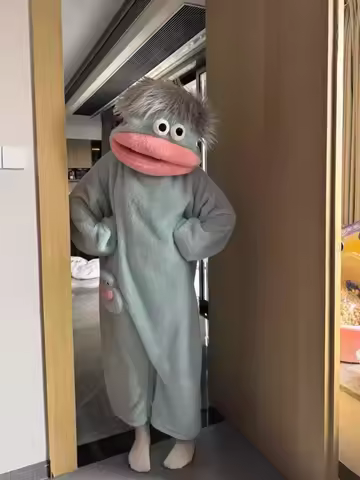SALE Green Big-Mouth Monster One-Piece Pajamas Winter Coral Fleece Thickened Ugly Cute Funny Abstrac