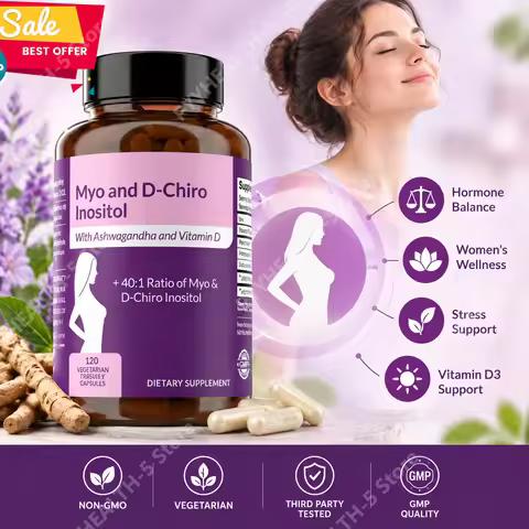 40:1 Myo-Inositol and D-Chiro Inositol Capsules, Vitamin D3 Ashwagandha, 120 Count Daily Wellness Su