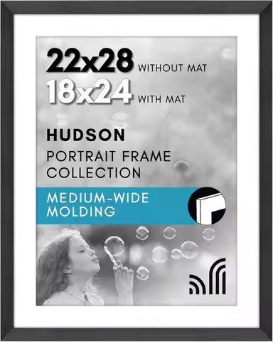 22x28 Poster Frame with Polished Plexiglass for Wall Display, Black Engineered Wood with Mat for 18x