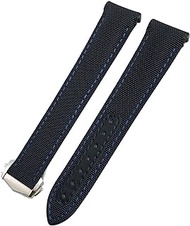 GANYUU 19mm 20mm 21mm Canvas Leather Bottom Watchband For Omega Seamaster 300 Speedmaster AT150 Planet Ocean SEIKO Nylon Watch Strap (Color : Black Blue 1, Size : 21mm)