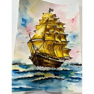 Golden Junk Painting Watercolor Put It In A Photo Frame. Beautifully Decorated Enhance Auspiciousnes