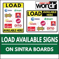 Load&v_AvailableNq}Signs, E-load, Loading Station Signage. Globe, Smart, TM, Cignal, TnT,<R{Gomo,{K