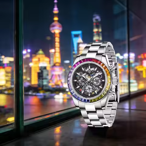 PAGANI DESIGN Personalized Men Automatic Mechanical Watch Colorful Gemstone Bezel Small Three-Pin Ta