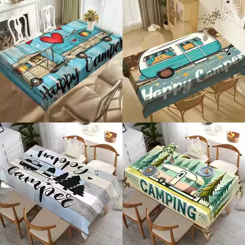 Happy Camper Retro Camping Tablecloth Vintage Camper Van & Hearts Wood Design Durable Table Cover fo