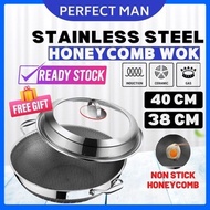 Stainless Steel 316 Double-sided Honeycomb Wok Cookware Kuali Non Stick Wok with Lid (38/40CM) *FREE GIFT