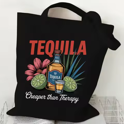 Retro Tequila Tote Bag "Tequila Cheaper Than Therapy" Fun Alcohol Lover Canvas Shoulder Bag Women's 