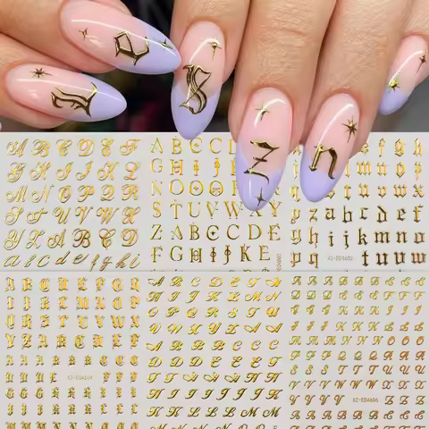 6Pcs Gold Gothic Letter Nail Stickers 3D Multi Type Metallic Vintage English Alphabet Self-adhesive