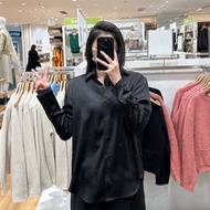 UNIQLO เสื้อแขนยาวมีฮู้ดผ้าซาตินเสื้อเชิ้ตแบบปล่อยชายผู้หญิง2023 458834สไตล์เกาหลีของแท้ใหม่