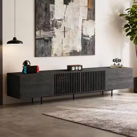 Mid Century Modern Black TV Stand for 80 Inch and Larger TVs, 94.48" Media Console with Solid Wood S