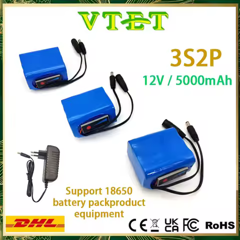 18650 Lithium Battery Pack 3S2P 12V 5000mAh Rechargeable, with Protection Board and 12.6V 1A Charger