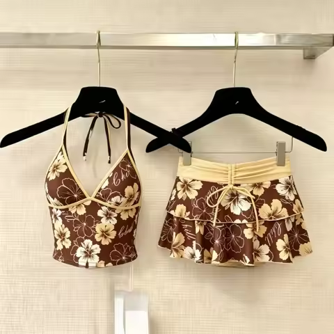 Kawaii Japanese Women 3 Piece Swimwear Y2K Sweet Printed Ruffle Lolita Bikini Crop Top Skirt Suit Be