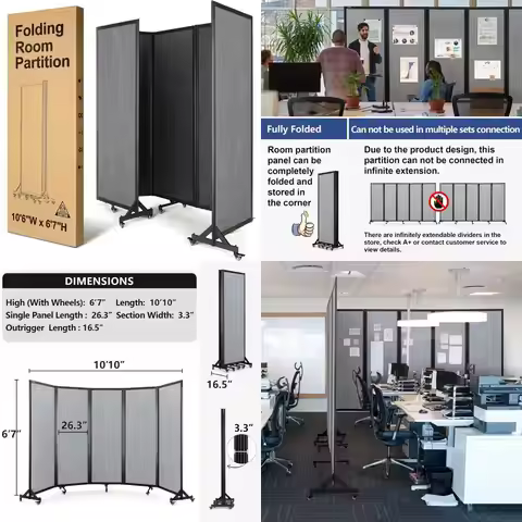10ft 6in Wide x 6ft 7in Tall Light Grey Room Folding Privacy Office Partition Wall Divider