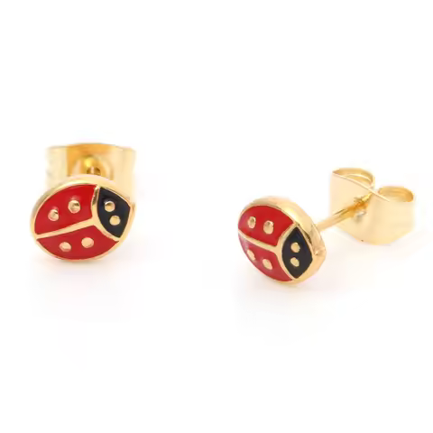 316 Stainless Steel Enamel Red Ladybug Ear Post Stud Earrings Gold Color Animal 7.3mm x 6mm, Post/ W