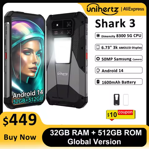 Unihertz Shark 3 by 8849 Rugged Smartphone android 14 3K AMOLED Display 32GB RAM 512GB ROM Dimensity