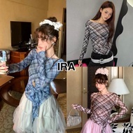 BY IRA Renny Top Off-Shoulder See-Through Shirt Long Sleeves Checkered Pattern Beautiful And Stylish
