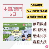 中國內地/大陸, 澳門, 【5日 7GB FUP】5G/4G高速無限 數據卡 大陸上網卡 大陸電話卡中國 旅行電話咭 Data Sim咭(可連接各大社交平台及香港網站)