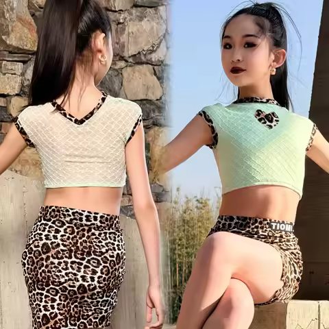 Kids Performance Dance Suits Girls Chacha Latin Dance Clothing Short Sleeves Latin Top Leopard Skirt