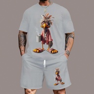 ชุดเสื้อยืดและกางเกงขาสั้น ลายไก่นอนการ์ตูน สำหรับผู้ชายไซส์ใหญ่ จำนวน 2 ชิ้น/เซ็ต เหมาะสำหรับสวมใส่