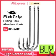 FishTrip 100Pcs Aberdeen Hook Black Long Shank Hook Saltedwater for Live Bait & Soft Plastic Fishing
