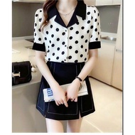 Stylized Vets Collar Short Sleeve Polka Dot Shirt