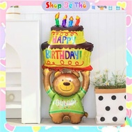 Brown Bear Aluminum Foil Balloons Holding HPBD Cake Birthday Decoration Giant Size 124 x 59 (cm)