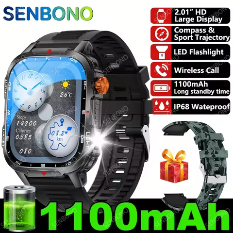 SENBONO Men's Smart Watch 1100mAh Battery 25+ Day Use Time Bluetooth Call Compass IP68 Waterproof Sp