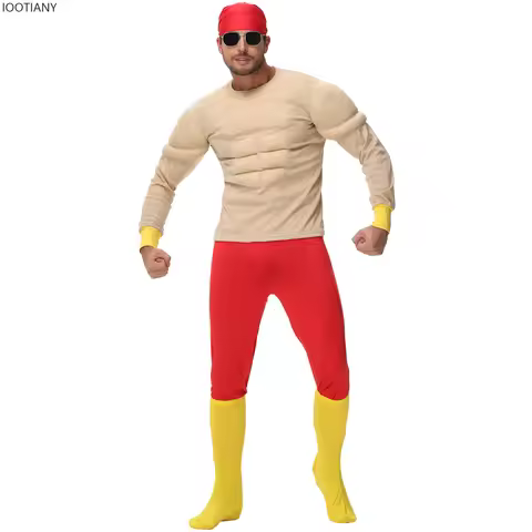 Wrestler Hulk Hogan Costume Adult Macho Super Muscle Funny Suit Halloween Holiday Party Stage Muscle