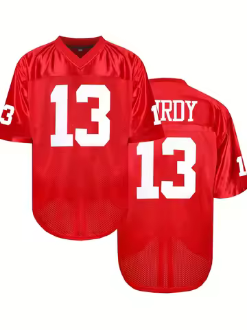 Men's Retro #13 Red Mesh Football Jersey Breathable V-Neck Short Sleeve Embroidered Sports Shirt for