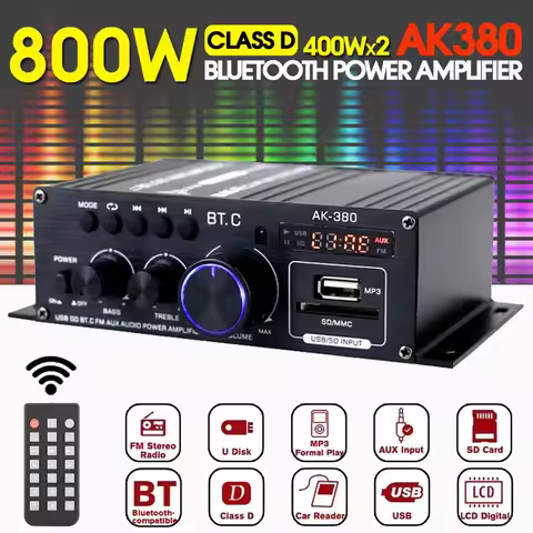 AK380 800W Bluetooth Amplifier HiFi Audio Karaoke 2 Channel Home Theater Amplifier Power Class D Amp