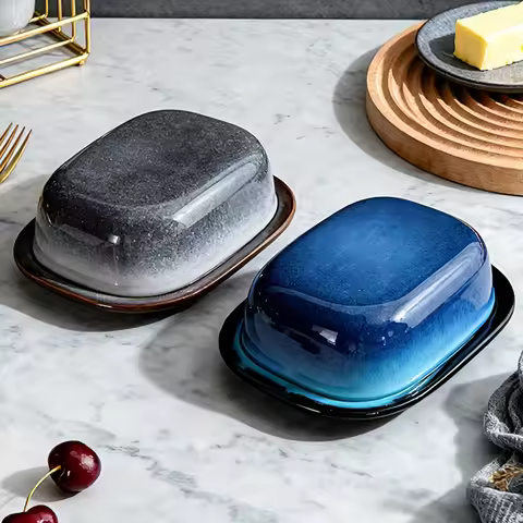1pc Retro Kiln-change Ceramic Butter Dish with Lid, Porcelain Butter Dish for Countertop Butter Keep