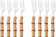 Snplowum 8pcs 304 Stainless Steel Bamboo Handle Cake Fork, Silver 3-Tine Fork Small Resuable Tasting