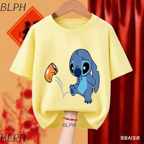 Disney Stitch Sad Kicked Can Cotton T-Shirt Kids Boys Girls Y2K Funny Cartoon Print Casual Short Sle