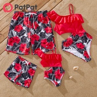 PatPat Family Matching Drawstring Swim Trunks or Red Floral Cut Out Ruffle One-Piece Swimsuit