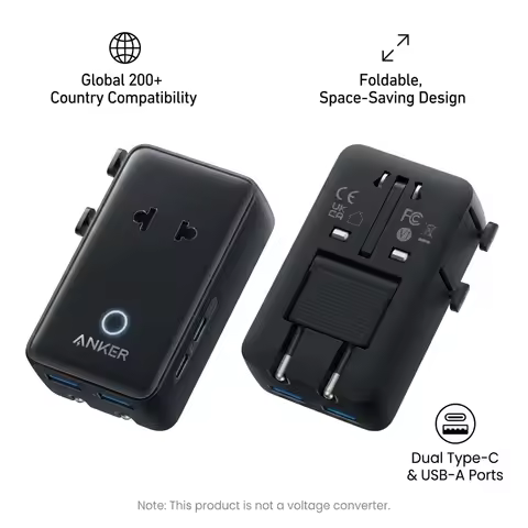 Anker Nano Travel Adapter 5-Port Power Adapter with 1× 2-Pin AC 2 USB A 2 USB C for 20W Smart Temper