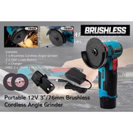 Portable ( 3" / 76mm ) 12V Brushless Cordless Angle Grinder With 2 x Battery & 1 x Charger