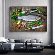 Fresh Fish and Seafood Oil Painting Canvas Prints  Sea Fish Crayfish Shrimp Wall Art for Living Room