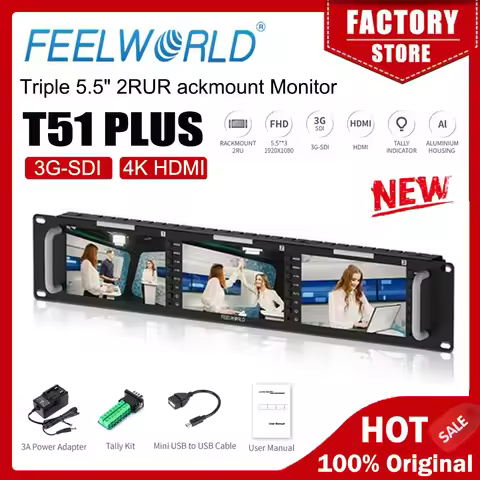 FEELWORLD T51 PLUS Triple 5.5" 2RU Rackmount Monitor Full HD 3G-SDI 4KHDMI AV input and output 1920x