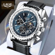 LIGE original men's watch fashion multi function leather strap waterproof moon phase date wrist watch