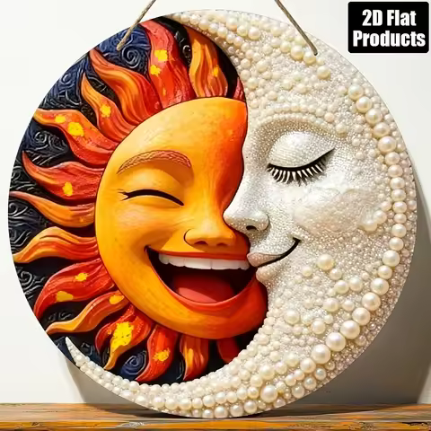 2D Flat - 1pc 2D Flat Round Wooden Decorative Sign | Sun and Moon Wall Art Theme, Suitable for Bars,