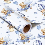 LeZakaa Baby Bear Wrapping Paper Roll, Blue Teddy Bear in Hot Air Balloon Design for Baby Boy Birthd