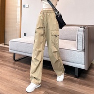 ins Plus size cargo pants for women girls Korean style retro elastic waist straight leg casual