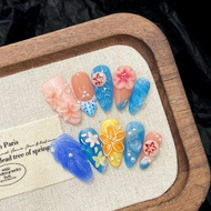 Free Glue Handmade A672 Bright Tone False Nails Press On Nails There Are Cute 3D Flowers Summer/Sea 