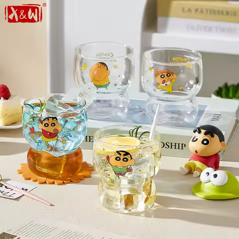 X&W 1/4 Crayon Shin Chan Cartoon Cute Glass Water Cup Stacked Cup Milk Coffee Cup High Beauty Milk T